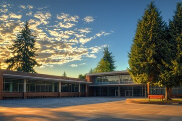 A modern school building with large windows and an open courtyard, bathed in the golden light of sunset. The sky is clear blue with fluffy white clouds overhead, creating a serene atmosphere.
