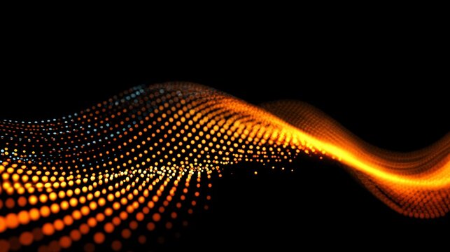 Futuristic Digital Soundwave Visualization: A Vibrant and Sleek Abstract Art with Flowing Orange Dots and Lights