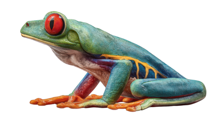 Vivid red-eyed tree frog poses against black backdrop