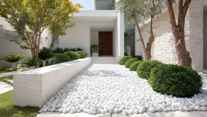 Obraz premium Modern home entryway with white stone walkway and landscaping