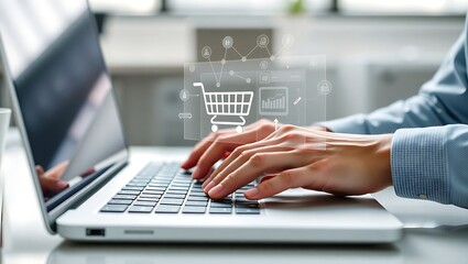 Person shopping online, hands typing on laptop keyboard, e-commerce interface.