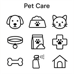 Set of pet care outline icons with dog, cat, food bowl, collar, pet food, veterinary cross, bone, spray bottle, and pet house