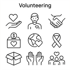 Set of volunteering outline icons with charity, donation box, heart care, handshake, support hands, ribbon, earth care, and community help