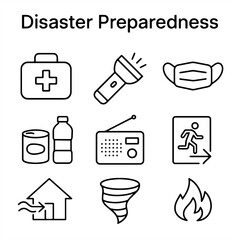 Set of disaster preparedness outline icons with first aid kit, flashlight, face mask, canned food, water bottle, radio, evacuation, tornado, and fire hazard