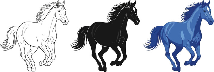 Three running horses display line art, black silhouette, and blue shading.