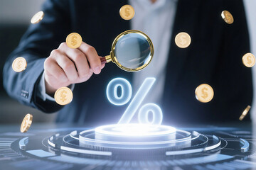 A person holding a magnifying glass over a percentage symbol surrounded by floating gold coins