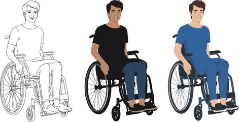 Smiling man sitting in wheelchair depicted in line art and color versions