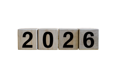 Wooden blocks spell out the year "2026