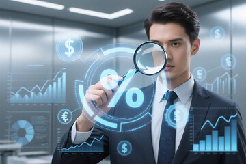 A businessman analyzing financial data with a magnifying glass and digital financial interface overlay