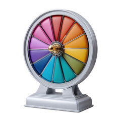 Colorful prize wheel with golden hub and base isolated on transparent background