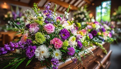 Colorful floral arrangements on a wooden casket