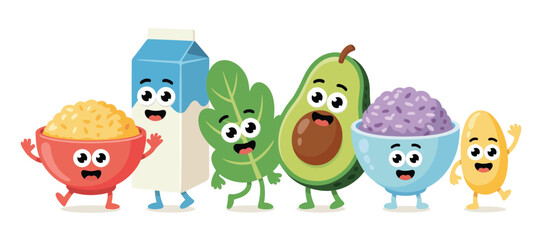 Naklejka premium Happy cartoon food characters including rice avocado milk and spinach on white background