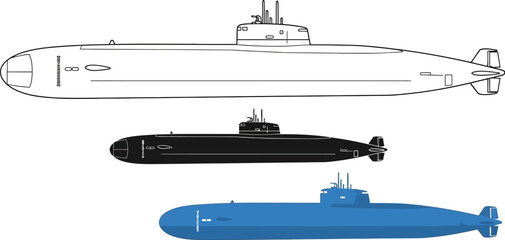 Navy submarines in black outline and blue on a white background