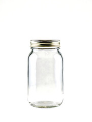 Empty Glass Mason Jar with Gold Lid; Clean, Simple, and Modern Design; Studio Shot on White Background.