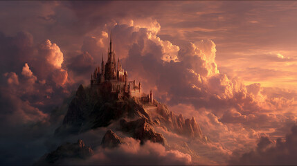 Fantasy illustration of an ancient, majestic castle perched atop a rugged mountain peak, bathed in warm, glowing sunset light. Ideal for fantasy storytelling, games, book covers, and animated