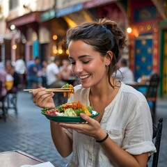 Happy young woman enjoying healthy Asian noodle bowl with chopsticks at outdoor street cafe