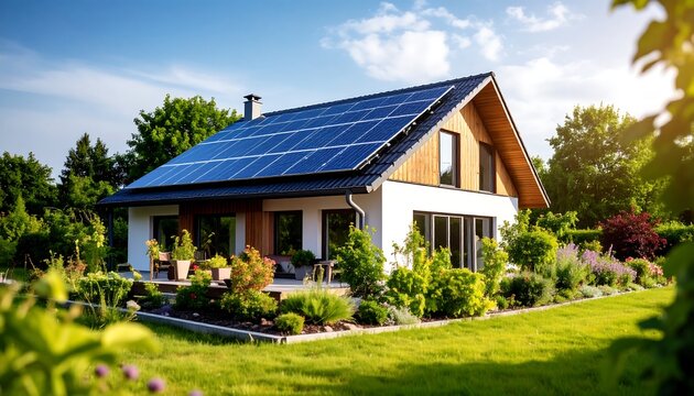 Modern home with solar panels on a sunny day (1)
