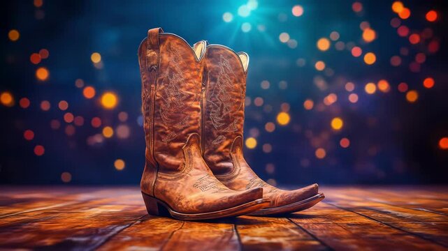 Pair of leather boots with ornamental stitching against light display