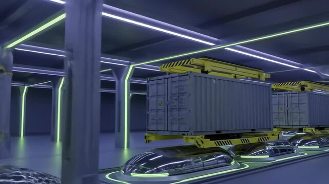 Futuristic automated warehouse featuring advanced transport systems for cargo containers in motion - Powered by Adobe
