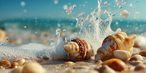 Seashells and water splashes on the beach