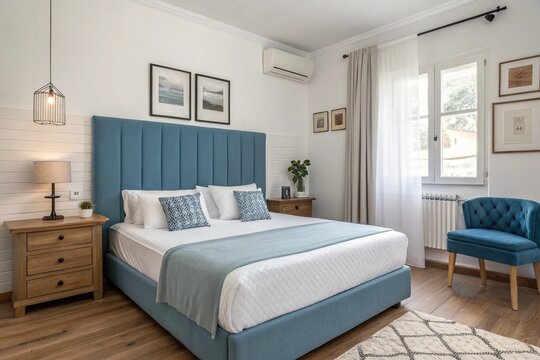 A bedroom with a blue headboard and a white bedspread