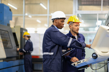Team of engineers at conference project meeting room, discuss and inspect robot AI mechanism, find...