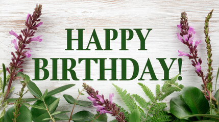A beautiful arrangement of flowers in various colors and sizes, arranged to form the words "HAPPY BIRTHDAY!" on top of an old wooden table