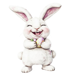 Fototapeta premium Adorable white bunny rabbit with large ears holding decorated Easter eggs smiling happily isolated on white background