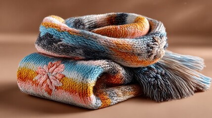 Colorful knitted scarf folded on beige background