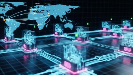Digital network visualization showing global connections with data nodes and a world map backdrop - Powered by Adobe