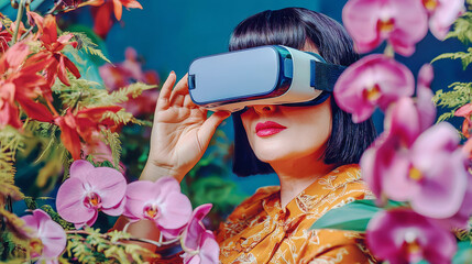 VR Immersion in Blooming Garden: A woman experiences immersive technology as she dons a VR headset, surrounded by a vibrant array of orchids, exploring a digital world.