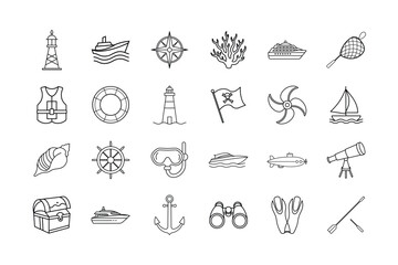 Sea Adventure & Marine Vector Icon Set. Lighthouse, Ship, Compass, Coral, Submarine, Sailboat, Anchor, Snorkel, Pirate Flag, Telescope, Ocean, and More. Editable Line Icons. Vector Illustration.