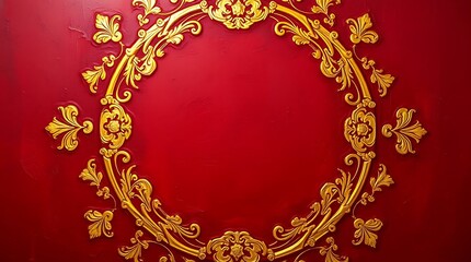 Luxury gold leaf swirl frame over dark red background, ideal for wedding invitations, elegant greeting cards, royal certificates, premium poster design, or festive event templates