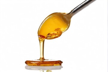 Golden Brown Honey Droplet Dripping in Skull Shape from Silver Spoon on White Background