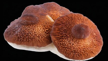 Mushroom Trio Arranged in Triangular Formation on Black Background  Closeup Detail of ReddishBrown and Lighter Brown Fungi