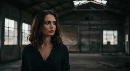 Fototapeta premium Thoughtful woman gazing in moody abandoned factory setting