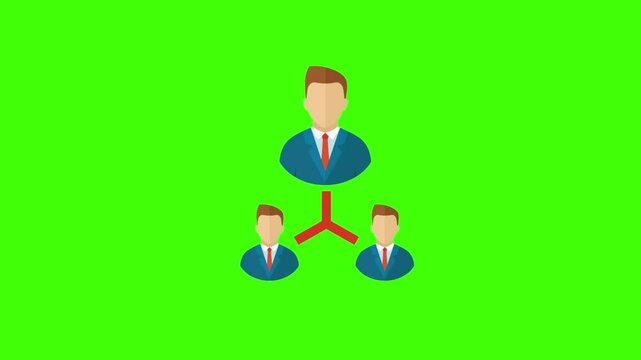 Illustration of a business hierarchy or organizational structure with three male avatars in business suits connected in a tree diagram. The image has a green chroma key background, suitable for compos