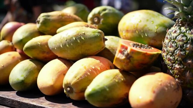 Pile of fresh tropical fruits with papaya and pineapple