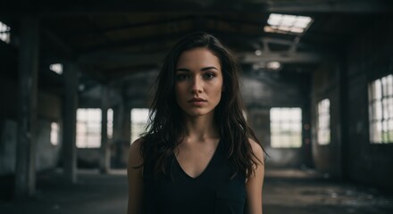 Woman standing alone in abandoned warehouse with cinematic tone