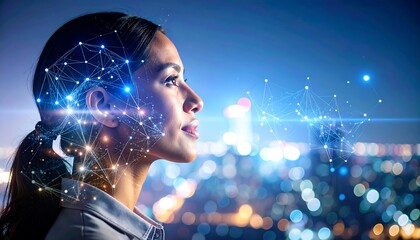 Woman with digital network overlay on cityscape