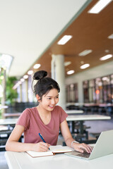Education, writing notes and girl in college for knowledge, assignment project or learning. Book,...