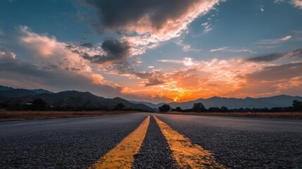 Asphalt Road with Yellow Lines Leading to a Sunset Sky.