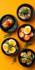 Assorted Seafood and Egg Snacks in Black Containers on Orange Background.