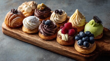 Assortment of Cream Pastries on Wooden Board.