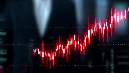Animated stock market graph with red and white lines depicting upward trend against blurred figures in professional attire - Powered by Adobe