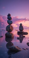 Balanced Rocks at the Calm Sea Under a Pink Sunset Sky.