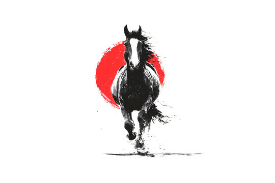 赤い太陽を背に駆ける馬の干支イラスト「生成AI」