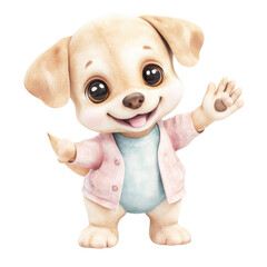 Adorable cartoon puppy character with large expressive eyes waving with friendly cheerful expression