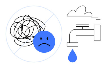 Sad face beside crossed-out scribble representing confusion, blue droplet falling from faucet symbolizing relief, minimal style. Ideal for stress management, mental clarity, mindfulness