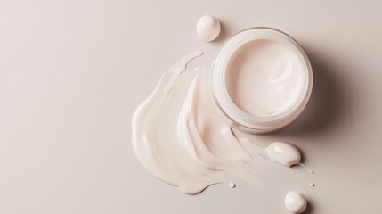 1.White cosmetic tube with spilled cream on a capped lid, placed against a soft gray background: